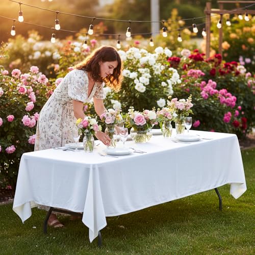 Image of FDW 8FT Folding Table, Portable Fold-in-Half Plastic Picnic Party Table with Carrying Handle (White, 8FT)