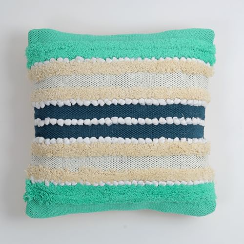 Image of TIB Premium Boho Decorative Throw Cushion Covers, 16 x 16 cm, Set of 2, Cotton. (Cream & Blue)