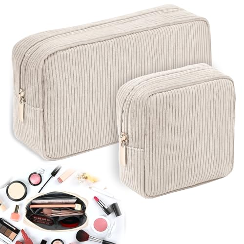 Sprifityy 2 Pcs Make Up Tasche, Kosmetiktasche Cord mit Fächern Reise, Kosmetiktasche Beige für Handtasche, Kosmetiktasche Klein für Mädchen Frauen, für Reisen Als Auch für Den Alltag (Beige)