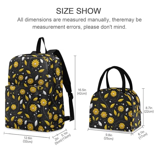 Yellow Floral Print Backpack Set with Lunch Bag, Large Capacity Travel Backpacks and Lunch Box Insulated for Commute Hiking Picnic2