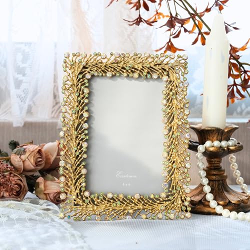 ZIYOO Tabletop Decorative Vintage Gold Rectangular 4x6 Inch Picture Frame with Opalescent Gem Accents – Ornate Baroque-Style Decorative Frame for Tabletop Display or Gift
