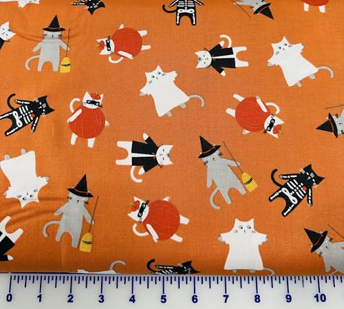 Generic Cotton Fabric Riley Blake Hey Bootiful C13130- Orange Tossed Halloween Cats Cotton Fabric by The Yard