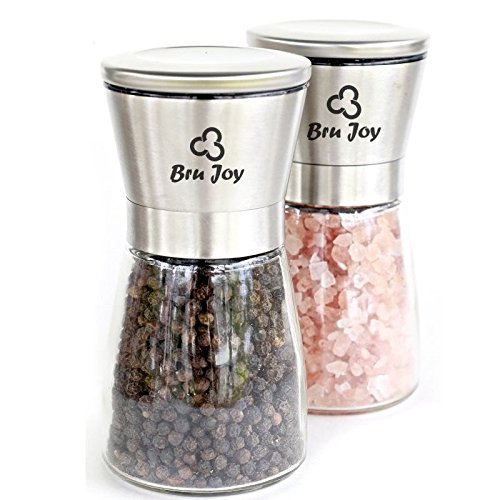 Bru Joy Salt and Pepper Ceramic Grinders, Spices Mill Pair with Adjustable Coarseness, Brushed Stainless Steel and Glass Body