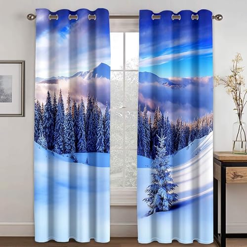 Cortinas azul gris para dormitorio con estampado de bosque nevado vintage en dos paneles 3