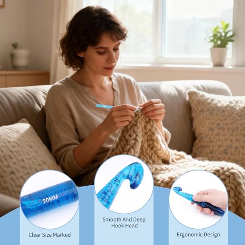Image of BsHooker 43Pcs Crochet Hooks Set,Plastic Crystal Crochet Hook with Case,5 Sizes Large Crochet Hooks for Chunky Yarn Ergonomic Crochet Needles for Beginners and Crocheting Yarn 12mm-25mm,Blue