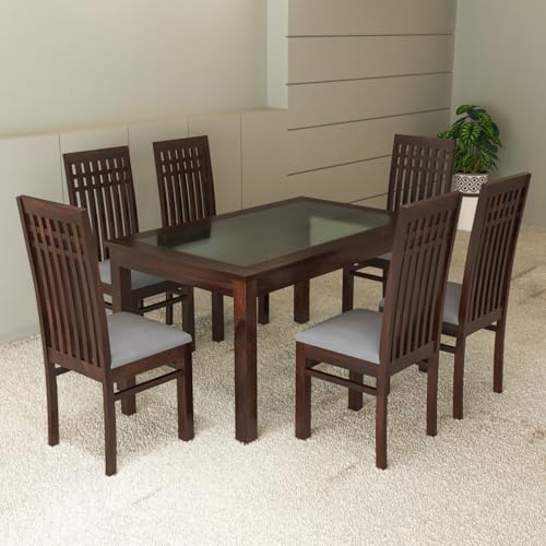 Image of Solid Sheesham Wood Dining Table Set of 6 | Wooden 6 Seater Dining Table with 6 Chairs with Cushion | Wood Dining Table & Chairs for Home, Restaurant, Cafe, Dining Room | Walnut Finish