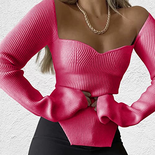 Image of Women's Square Neck Ribbed Knitted Sweater Long Sleeve Crop Slim Fitted Basic Pullover Tops