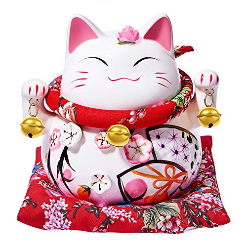 RandJ Maneki Neko Japanese Lucky Cat with Two Bells Maneki Neko Lucky Cat Piggy Bank Gift (Head Flower)