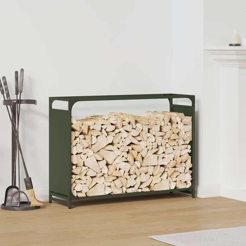 Regał na drewno kominkowe, oliwkowo-zielony, 90 x 28 x 65 cm, ze stali walcowanej na zimno – wytrzymały regał na drewno opałowe o dużej pojemności zapewnia uporządkowane przechowywanie i