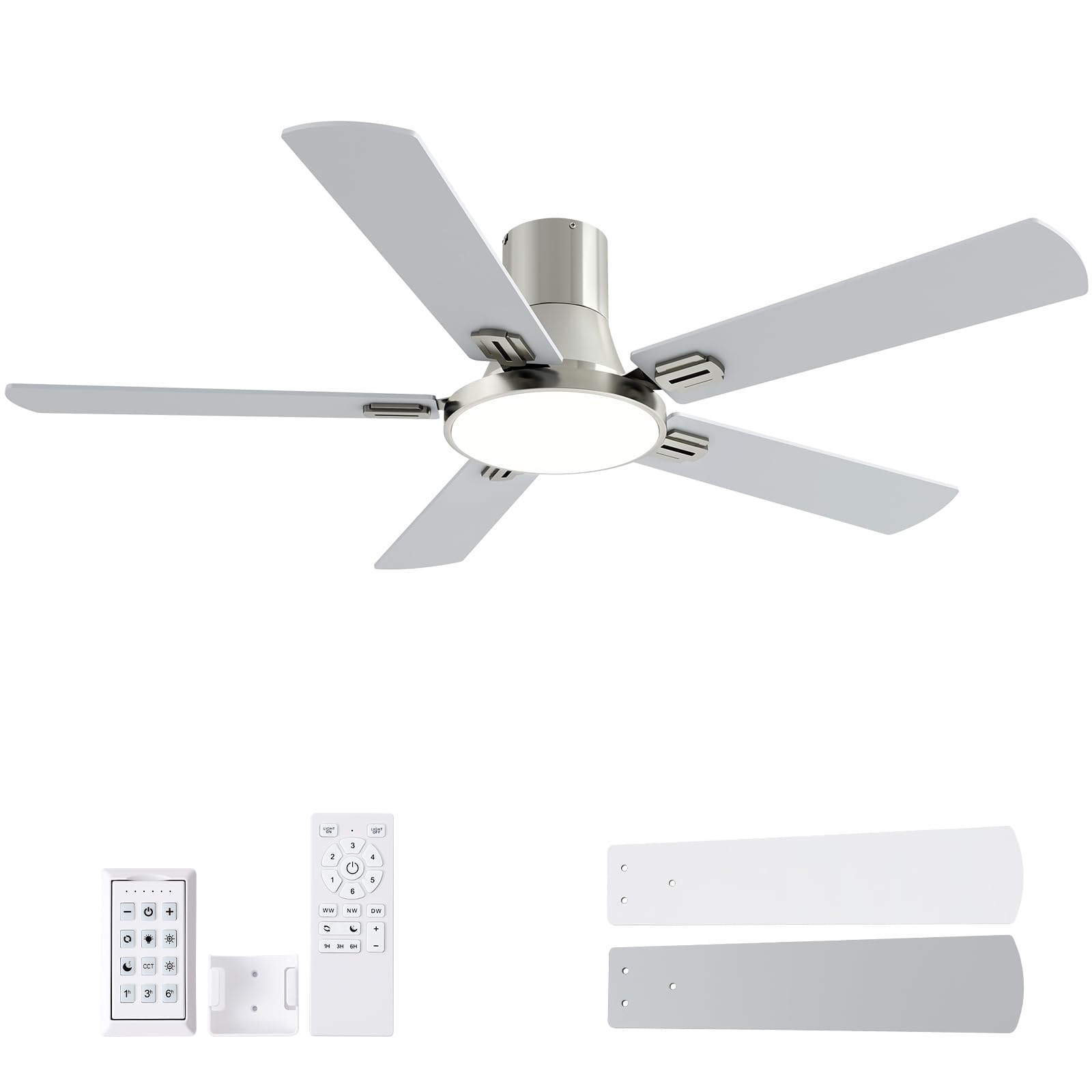 SNJ 52 Inch Brushed Nickel Ceiling Fans with Lights and Remote Flush Mount Low Profile 5 Blades Ceiling