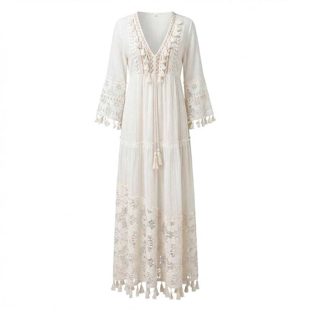 Robe Maxi Bohème à Fleurs et Dentelle Femme, Robe d'Été Col V Manches 3/4 Robe Plage Swing avec Franges et Détails de Crochet