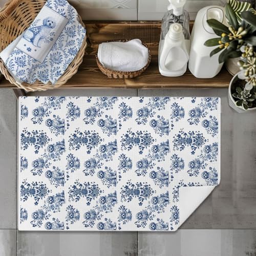 Image of Chinoiserie Poodle Kitchen & Hand Towels Set of 2, Blue and White Floral Dog Dish & Tea Towels for Kitchen Bathroom Decor,Vintage Toile Poodle Hand Towel for Farmhouse Bathroom Kitchen Decor