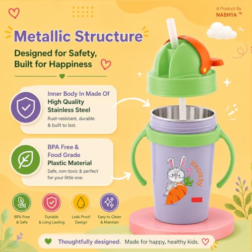 Image of Nabhya Inner Stainless Steel & Outer Plastic 360ml BPA-Free Cute Animal Design Baby Sipper Kids Water Bottle with Straw and Side Handle for Kids (Purplee)