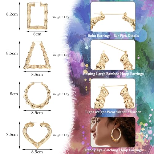 JeryWe Bamboo Hoop Earrings for Women, Big Gold Heart Bamboo Earrings 80s 90s Earrings Women, y2k Large Oversized Earring, Gold Chola Earring Hoops, Hip Hop Chunky Hoop Earring Personalized Costume Gold Jewelry2