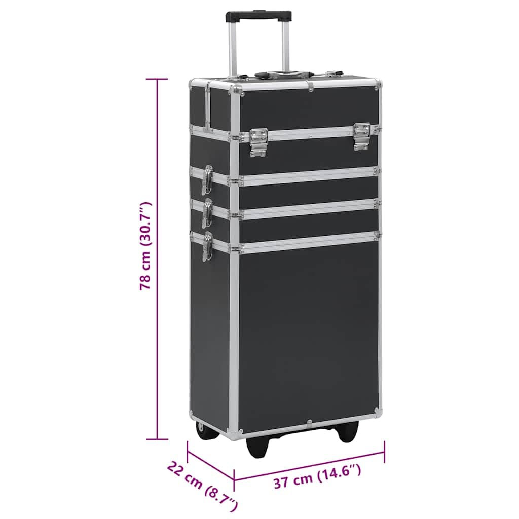 Aluminiowa walizka na kosmetyki, czarna, z 4 półkami i wysuwanymi półkami, 37 x 22 x 78 cm, z 4 zdejmowanymi kółkami, organizer na kosmetyki, produkt do pielęgnacji, w podróży i bagażu