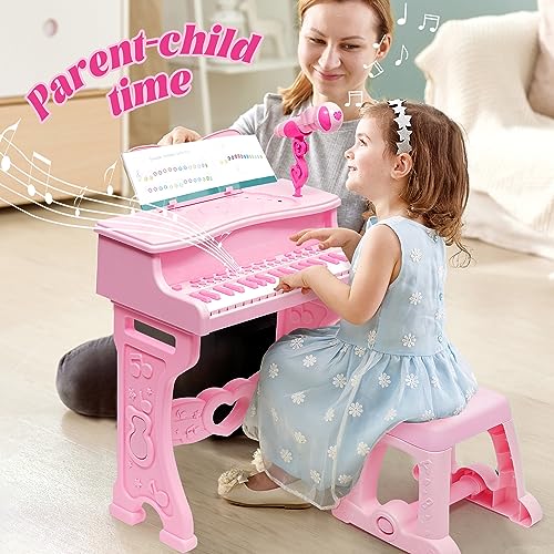 Miniatura 7 de Piano Para Niños-Instrumento Musical Electrónico Con 37 Teclas Para Niñas,Regalo Juguete Musical Pedagógico Con Patas Desmontables,Micrófono,Varios Modos De Música,Luz,Taburete Rosa
