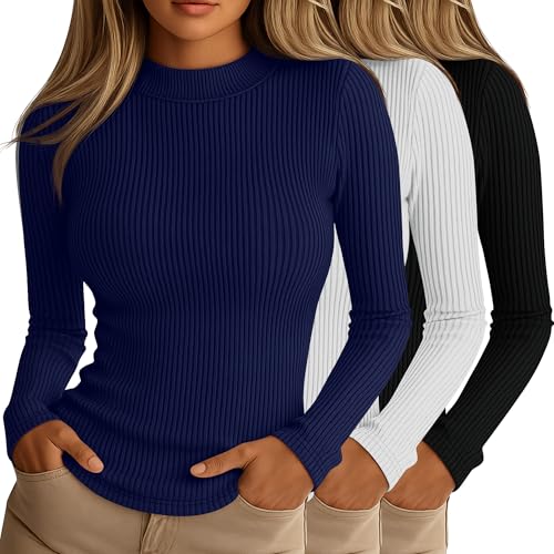 Riyiper 3 Pack Women's Ribbed Shirts, Mock Turtleneck Long Sleeve Tops Slim Fitted Undershirts Casual Basic Layering Tees