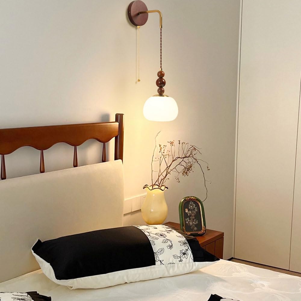 Mid Century Bedroom Wall Sconces Light with Switch Cord E27 Wabi Sabi Milk Glass Wall Light Globe Vintage Light Fixture for Bedside Children Room Farmhouse Hanging Wall Mounted Lamp