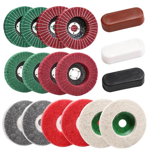 Sunxeke 18Pcs 4 Inch Buffering Wheels Polishing Kit with Compound for Angle Grinder Includes 14Pcs Nylon Fiber Flap Disc & Wool Felt Polishing Wheel 3Pcs Buffing Compounds and Sanding Sponge
