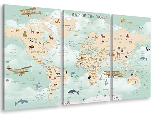HXA DECO - Decoration Murale, Decoration Chambre Art Mural Tableau Deco, Tableau Triptyque Enfant Map of Animals World - 90x60 cm
