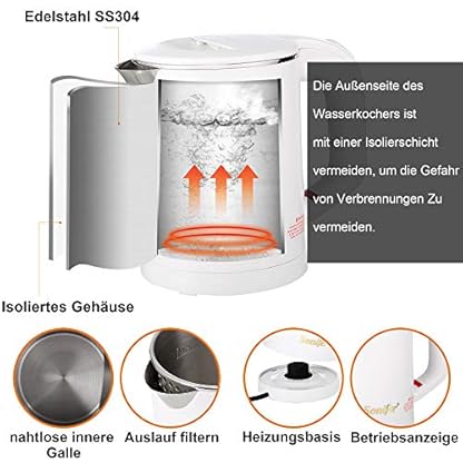 0,6l Edelstahl Camping Reisewasserkocher Kabellos Wasserkocher Kunststoffschale Doppelwand-Design 800W Teekessel… – Bild 3