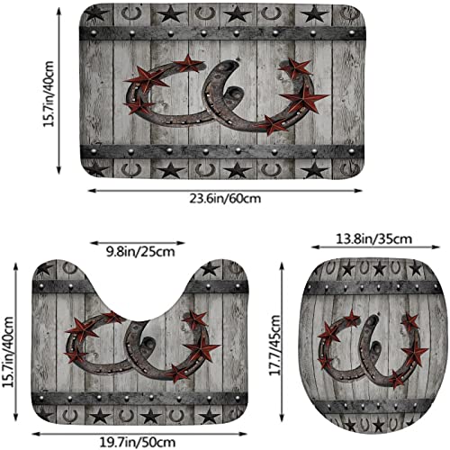 Badezimmerteppich-Set, 3-teilig, rustikaler Holz-Texas-Stern, rostiges Hufeisen-Bauernhaus-Planken-Western, Badematten-Set, WC-Konturenmatte, Deckelbezug, rutschfeste Bodenmatten – Bild 4