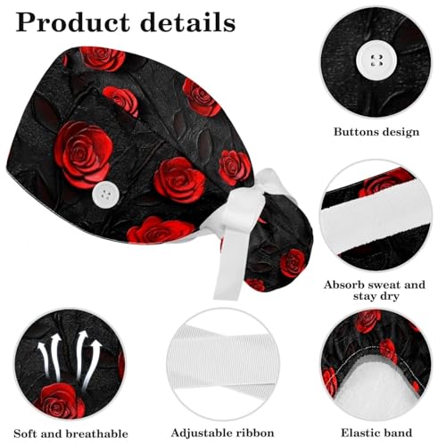 Image of Red Blooming Rose Flowers Black Working Cap with Scrunchy and Ribbon Tie for Women, Long Hair