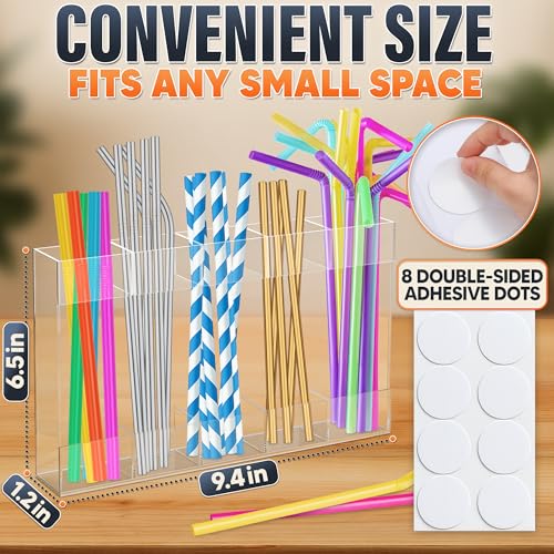 Image of 9.5 inch Large Acrylic Straw Holder for Cabinet Door with Stickers - Peel and Stick Straw Holder for Drawer, for Straws, Makeup Brushes, Kitchen Utensils - Includes Strong Adhesive Tape for Easy Mounting