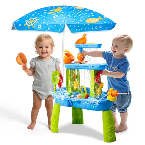 AuntyFey Water Table for Toddlers 1-3-5, Toddler Sand Table, Kids Water Table with Umbrella for Outside Kids Ages 4-8, Blue