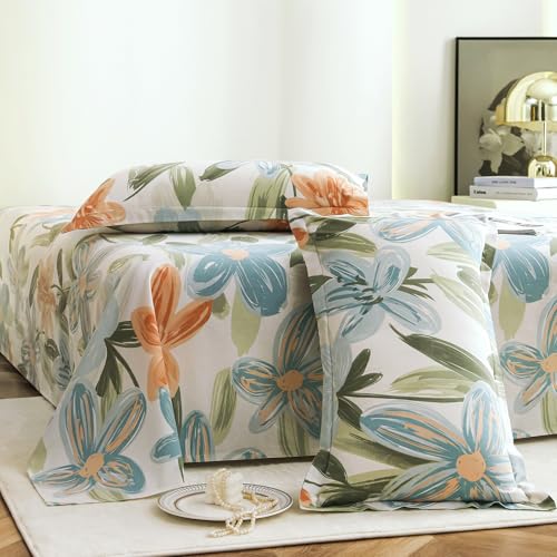 Story@Home Bedsheet for Double Bed Cotton 190 TC with 2 Pillow Covers, White & Light Blue, Floral, 225 cm X 250 cm | Perfect for Home Decor