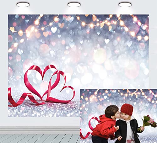 INRUI Día de San Valentín Fotografía Fondos Blanco Sliver Sparkle Bokeh Shining Love Heart Romantic Red Picture Wedding Bridal Shower Photo Booths Studio Props (2,1 x 1,5 m) Cover