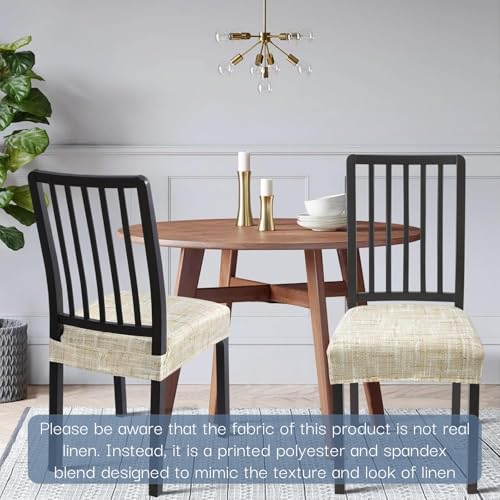 Image of Stretch Dining Chair Seat Covers Set of 6, Soft Removable Washable Seat Covers for Dining Chairs, Dining Room Seat Cover Protector (Rear-Covered, Beige Linen-Look Print)