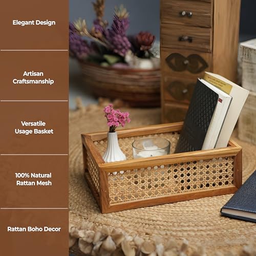 Image of Ikari Homes Rattan Rectangular Mesh Basket For Wardrobe Storage & Decorative Organiser I Handcrafted Premium Teak Wood & Rattan I Modular Storage Basket - Size 12 X 8 X 4 Inch