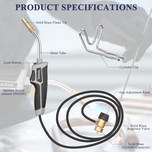 Ausail Propane Torch Kit,Mapp Map Gas Torch With Cylinder Clip,Trigger Start 5' Long Hose Torch,Adjustable Flame Map Gas Torch Kit,Brazing Torch Kit,Soldering Welding Torch For Welding Soldering Brazing thumb #3