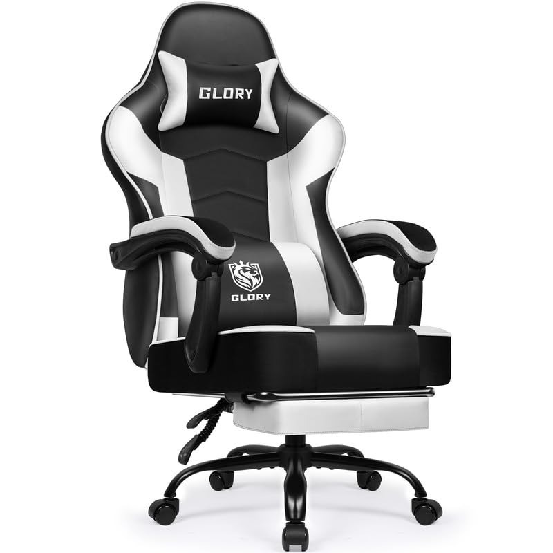 minnouat Gaming Stuhl Ergonomischer mit Fußstütze, Gamer Stuhl Bürostuhl 150 kg Belastbarkeit, Gaming Chair aus Kunstleder, Höhenverstellbarer PC Zockerstuhl für Jugendliche Erwachsene, Weiß