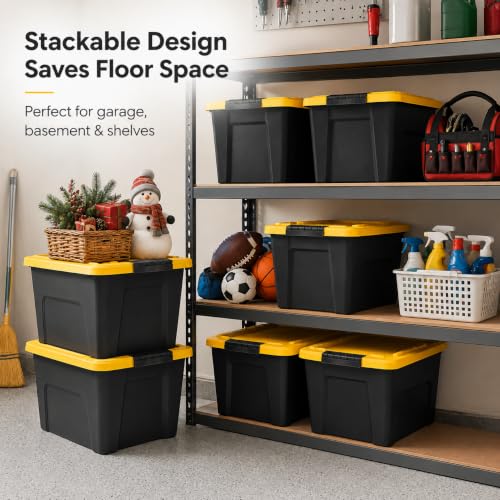 Image of Storage Bins 20 Qt Stackable with Lids 6 Pack for Garage Closet | Durable Plastic with Side Handles - Lightweight and easy to carry. Ideal for garage, basement, closet, and office.