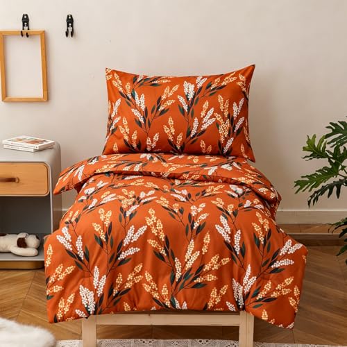 Image of Wellboo Boho Floral Toddler Bedding Sets for Girls Pumpkin Botanical 4 Pieces Soft Crib Bed Set Including Comforter, Sheets and Pillowcase Kids Soft Aesthetic Reddish Orange Blossom Bohemian Quilt