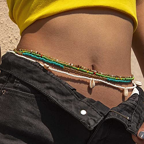 Urieo African Belly Beads Chain Colourful Shell Layered Beaded Waist Chain Stretchy Plus Size Body Chains Jewelry for Women and Girls (Pack of 4)