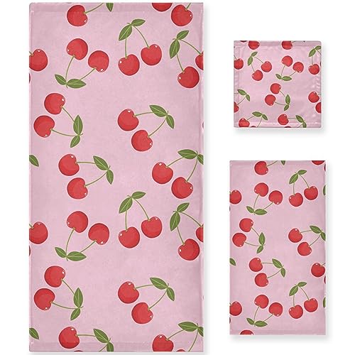 Naanle 1 serviette de bain + 1 serviette de toilette + 1 débarbouillette, joli motif cerise, lot de 3 serviettes décoratives pour la maison, la salle de bain, l'hôtel, la salle de sport, le spa et la