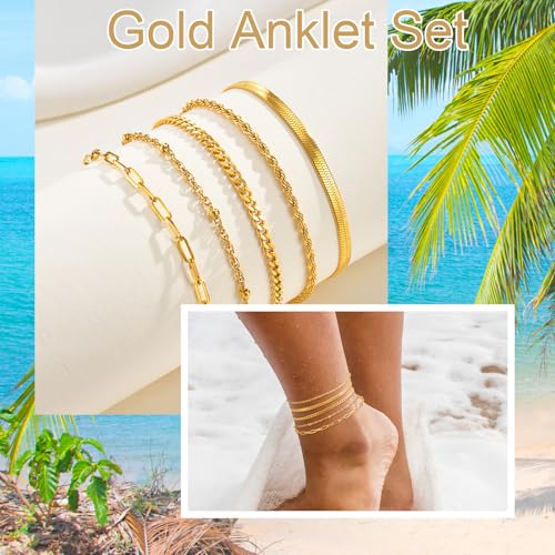 Image of KSF Gold Anklets for Women Waterproof - 18k Gold Plated Ankle Bracelets for Women, 5PCS Anklet Set Cuban Herringbone Figaro Link Chain Anklets for Women Summer Beach Jewelry Gift Adjustable Size