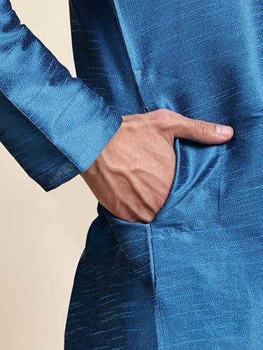 Image of SKAVIJ Men's Art Silk Solid Kurta Pyjama Set Festive Woven Design 2-Piece Ethnic Dress (KP055turquoise Turquoise L)