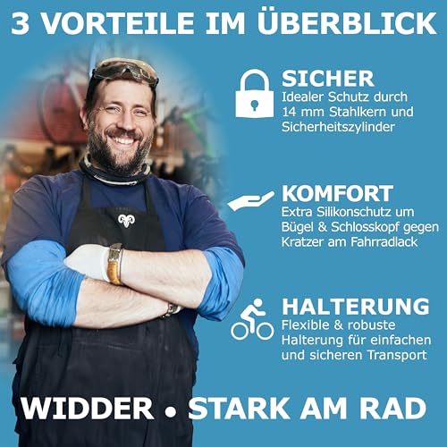 WIDDER Extrem Sicheres Fahrradschloss Bügelschloss [Chrom-Stahl Sicherheitsstufe 15] – 18mm Massiv Bügel – Fahrrad Schloss 64 cm Umfang mit Halterung & 3 Schlüssel – e Bike Lock & e Scooter U Lock