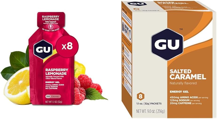 GU Energy Original Sports Nutrition Energy Gel, Raspberry Lemonade and Salted Caramel Flavors, Vegan, 8-Count