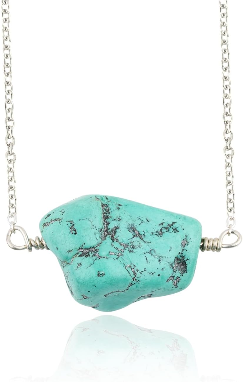 Natural Real Tibetan Turquoise Crystals Pendant Necklace, Polished Rough, Birthstone, Tumbled Raw Gemstone, Silver Plated Brass Jewelry 18 inch