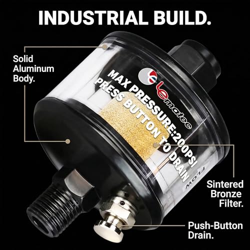 LE LEMATEC 1/4\" Inline Air Filter & Water Separator - Compact 200 PSI Air Dryer for HVLP Spray Guns, Impact Wrenches & Air Tools - Lightweight Aluminum Moisture Trap (AI-304) - Thumbnail 4