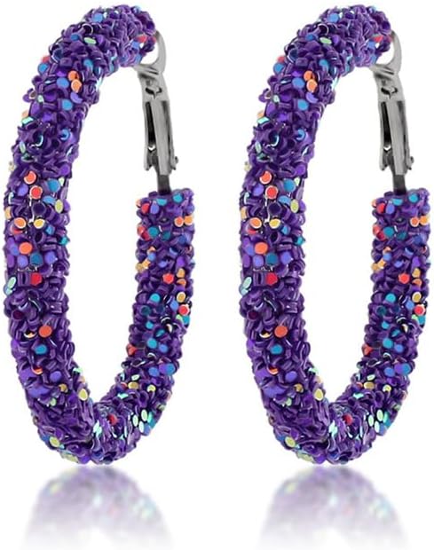 Bohemian Glitter Hoop Earrings Sparkle Resin Rhinestone Hoop Dangle Earrings for Women Round Circle Sequins Shiny Statement Earrings
