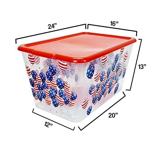 Image of SIMPLYKLEEN Storage Totes with Lids 4PC - Made in USA 14.5-Gallon Colorful Printed Decorative Design Storage Boxes Storage Bins with Lids Plastic Storage Containers for Organizer Red /Patriotic Balloon