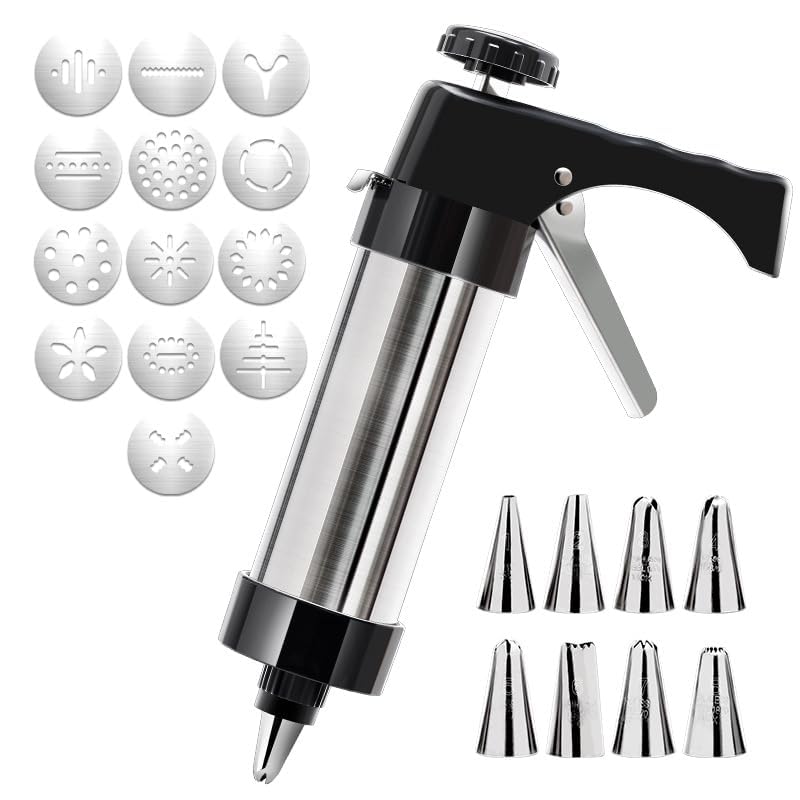 Générique Pistolet à Biscuits en Acier Inoxydable Professionnel 13 Disques 8 Buses Incluses Décoration de Gâteaux Pâtisserie Cuisine Maison Cadeau Pâtissier