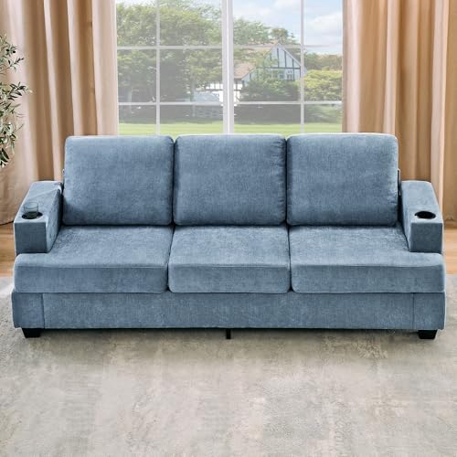 Garvee 89" Modern Sofa for Living Room, 3-Seater Comfy Couches with Deep Seat, Chenille Couch with Cup Holders and Side Storage Pockets for Apartment Lounge, Blue - Thumbnail 5