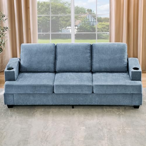 GarveeHome Modern 89 in 3-Seater Sofa for Living Room, Comfy Couches with Deep Seat, Chenille Couch with Cup Holders and Side Storage Pockets for Apartment Lounge, Blue - Image 6